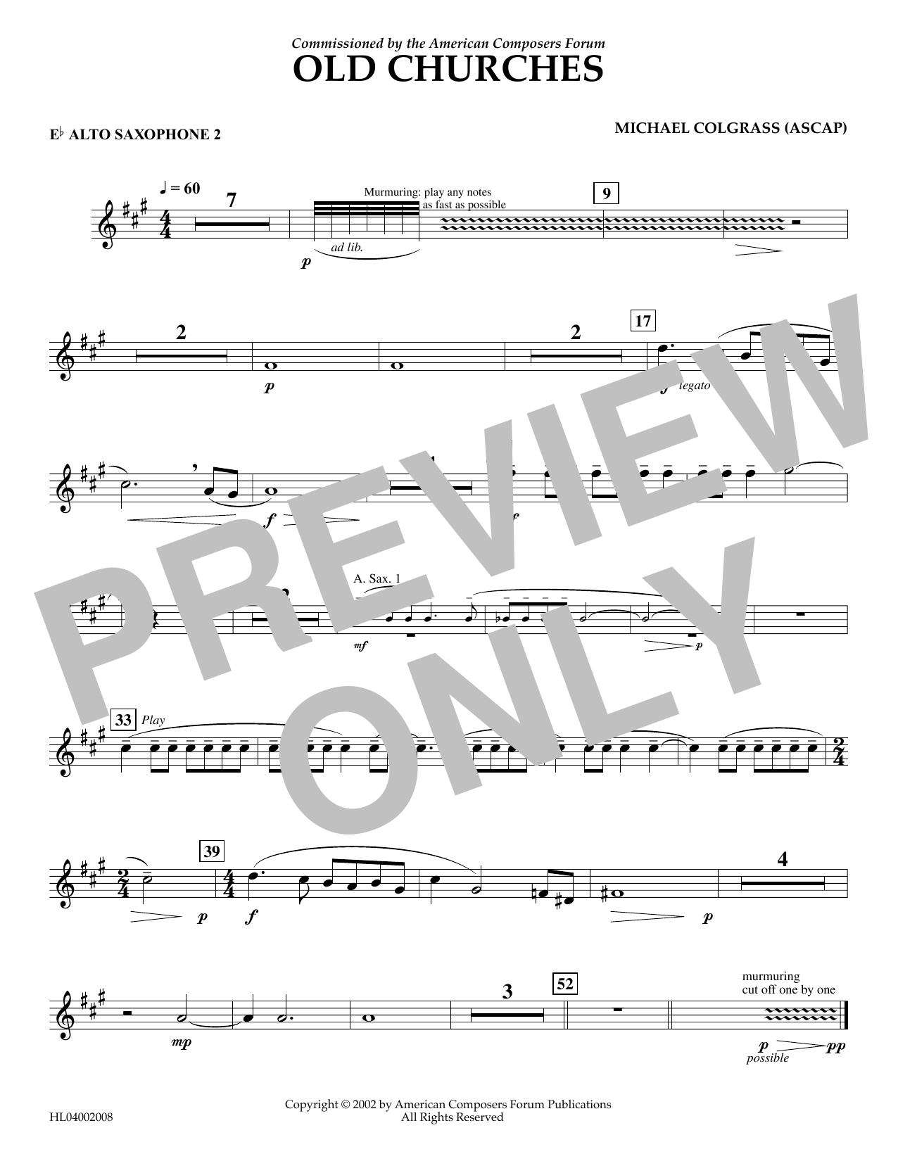 Download Michael Colgrass Old Churches - Eb Alto Saxophone 2 Sheet Music and learn how to play Concert Band PDF digital score in minutes