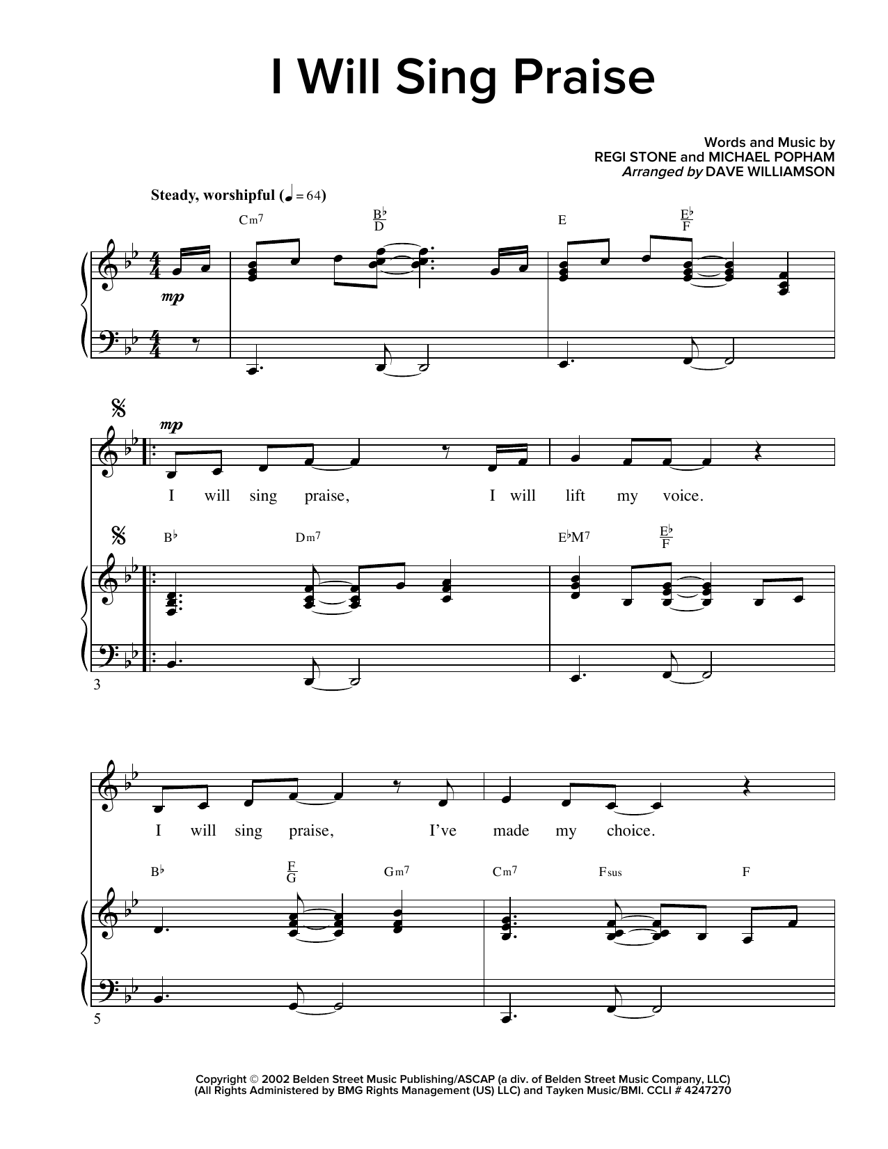 Download Regi Stone I Will Sing Praise Sheet Music and learn how to play Piano & Vocal PDF digital score in minutes