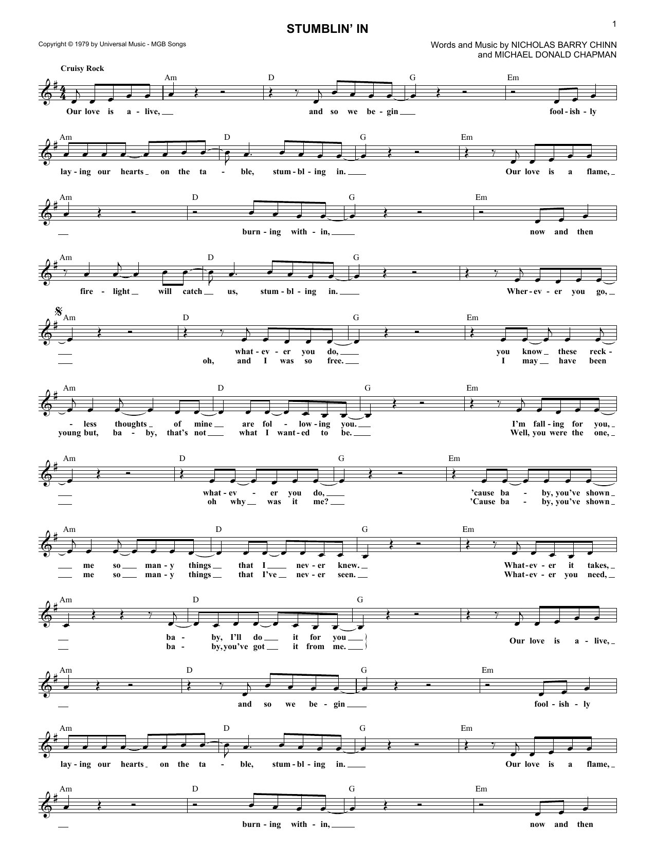 Download Michael Donald Chapman Stumblin' In Sheet Music and learn how to play Melody Line, Lyrics & Chords PDF digital score in minutes