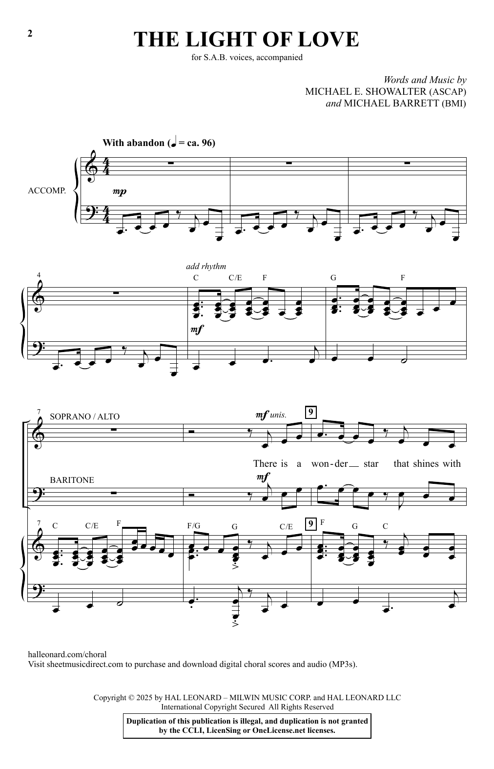 Download Michael E. Showalter and Michael Barrett The Light Of Love Sheet Music and learn how to play SAB Choir PDF digital score in minutes