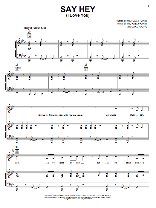 Download Michael Franti & Spearhead Say Hey (I Love You) Sheet Music and learn how to play Piano, Vocal & Guitar (Right-Hand Melody) PDF digital score in minutes