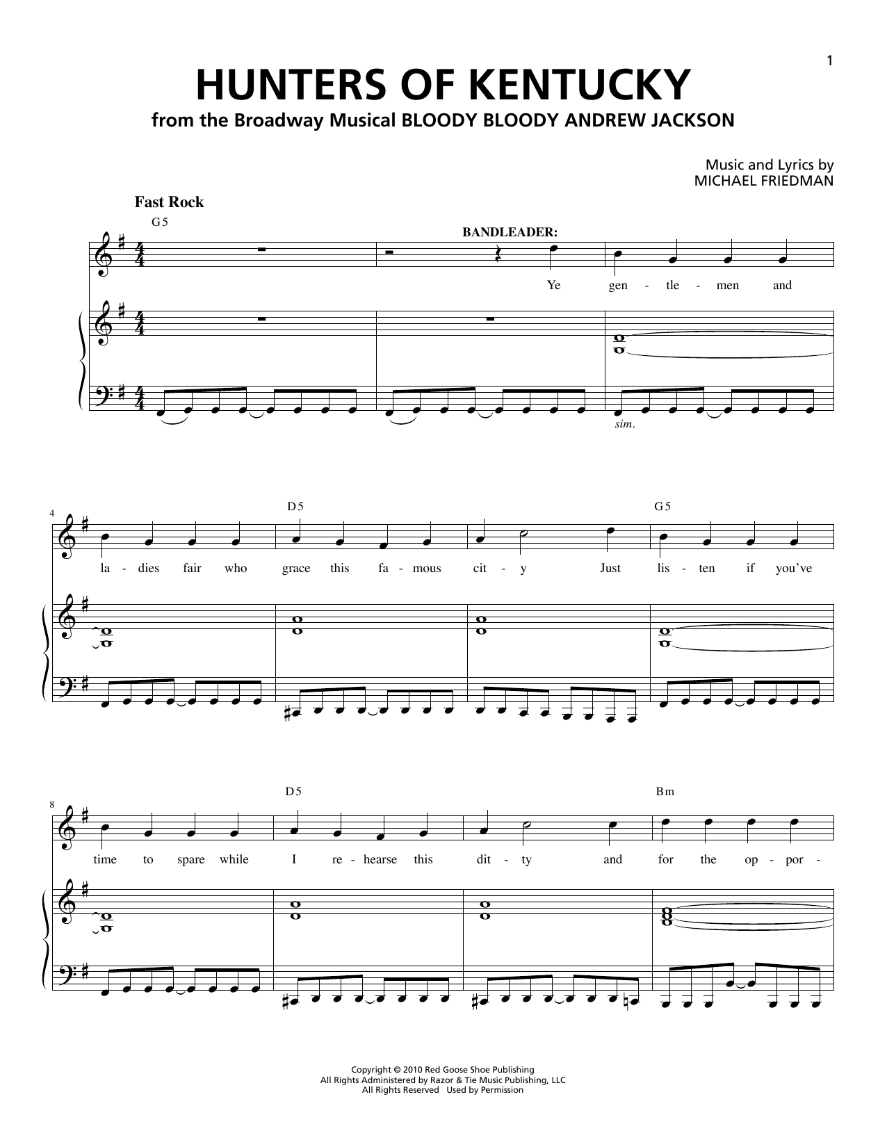 Download Michael Friedman Hunters Of Kentucky Sheet Music and learn how to play Piano & Vocal PDF digital score in minutes