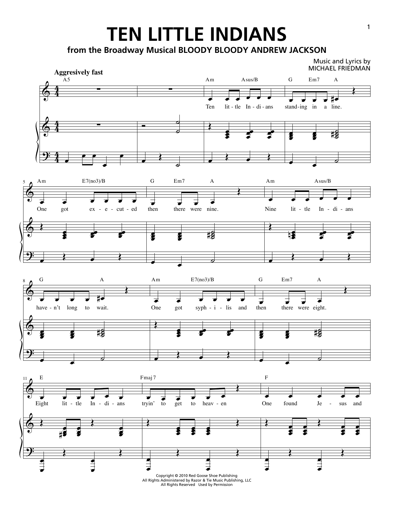 Download Michael Friedman Ten Little Indians Sheet Music and learn how to play Piano & Vocal PDF digital score in minutes