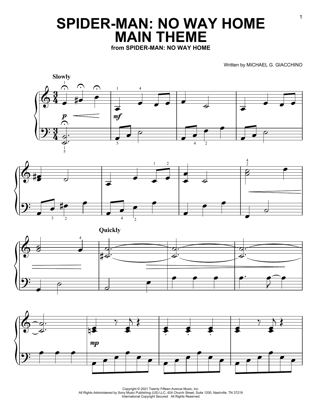 Download Michael G. Giacchino Spider-Man: No Way Home (Main Theme) Sheet Music and learn how to play Easy Piano PDF digital score in minutes