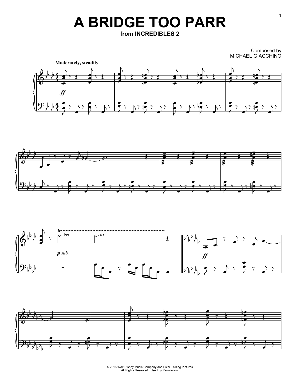 Download Michael Giacchino A Bridge Too Parr (from Incredibles 2) Sheet Music and learn how to play Piano Solo PDF digital score in minutes