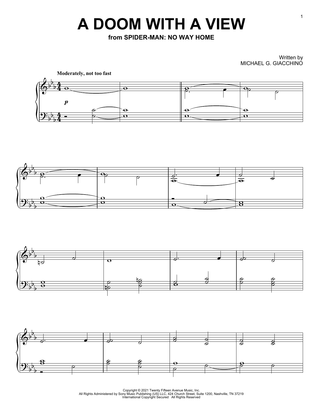 Download Michael Giacchino A Doom With A View (from Spider-Man: No Way Home) Sheet Music and learn how to play Piano Solo PDF digital score in minutes