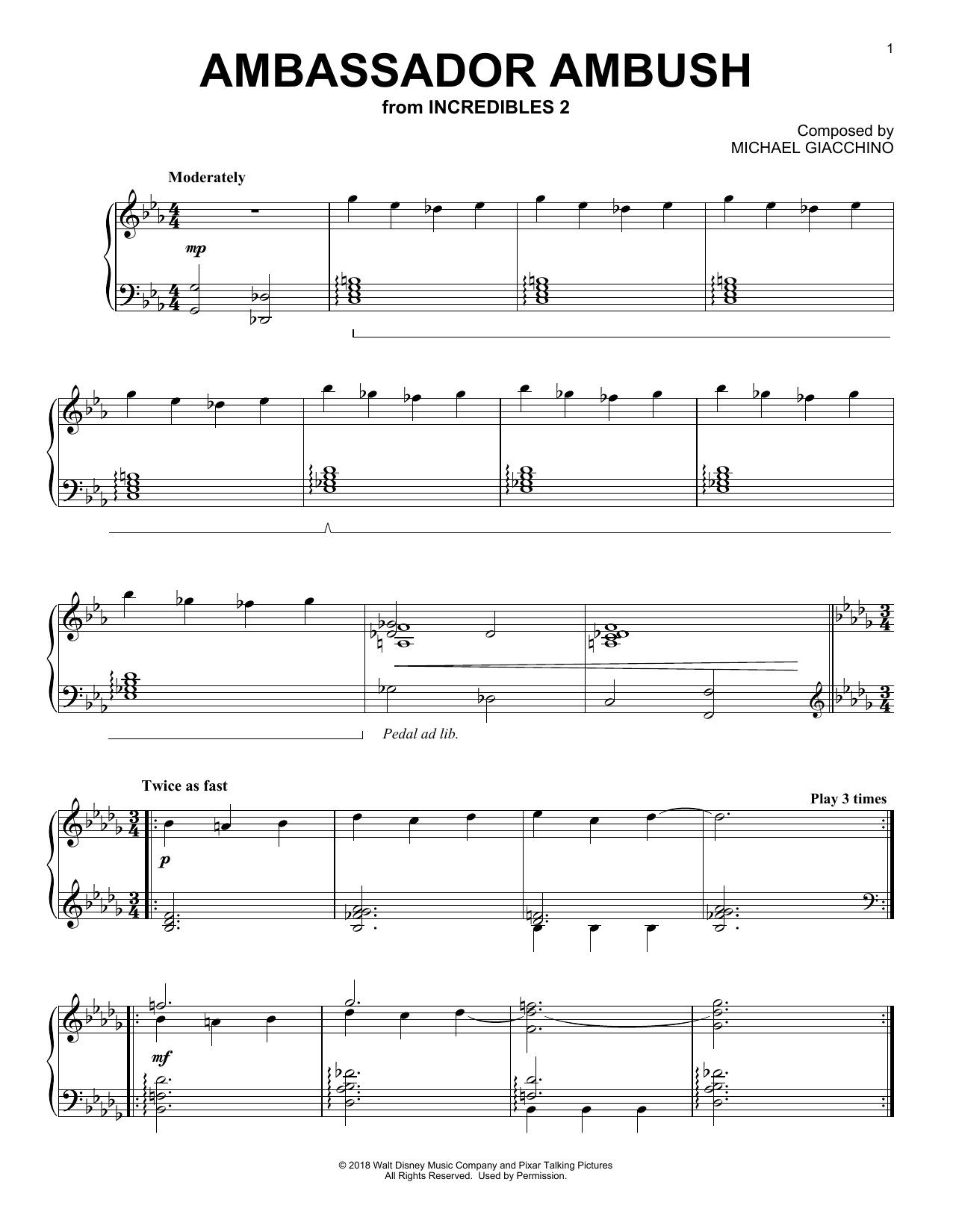 Download Michael Giacchino Ambassador Ambush (from Incredibles 2) Sheet Music and learn how to play Piano Solo PDF digital score in minutes