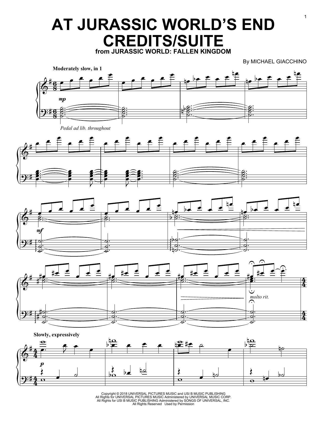 Download Michael Giacchino At Jurassic World's End Credits/Suite (from Jurassic World: Fallen Kingdom) Sheet Music and learn how to play Piano Solo PDF digital score in minutes