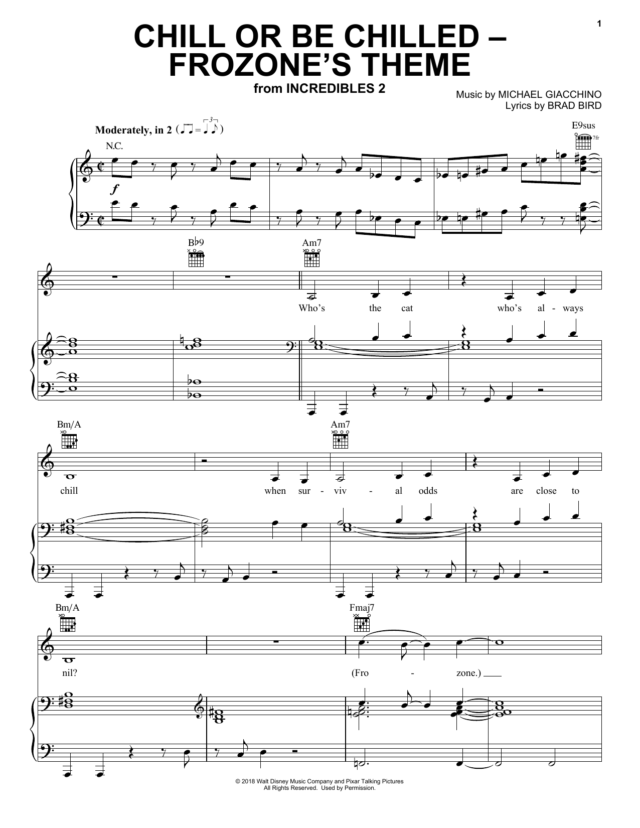 Download Michael Giacchino Chill Or Be Chilled - Frozone's Theme (from Incredibles 2) Sheet Music and learn how to play Piano, Vocal & Guitar Chords (Right-Hand Melody) PDF digital score in minutes