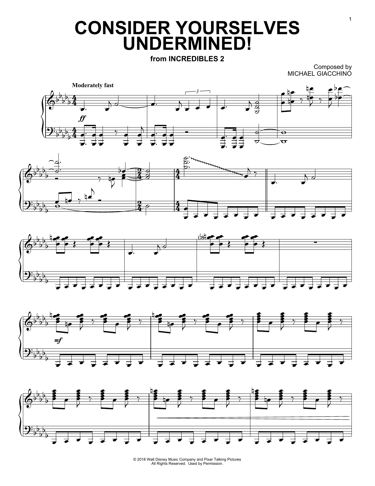 Download Michael Giacchino Consider Yourself Underminded! (from Incredibles 2) Sheet Music and learn how to play Piano Solo PDF digital score in minutes