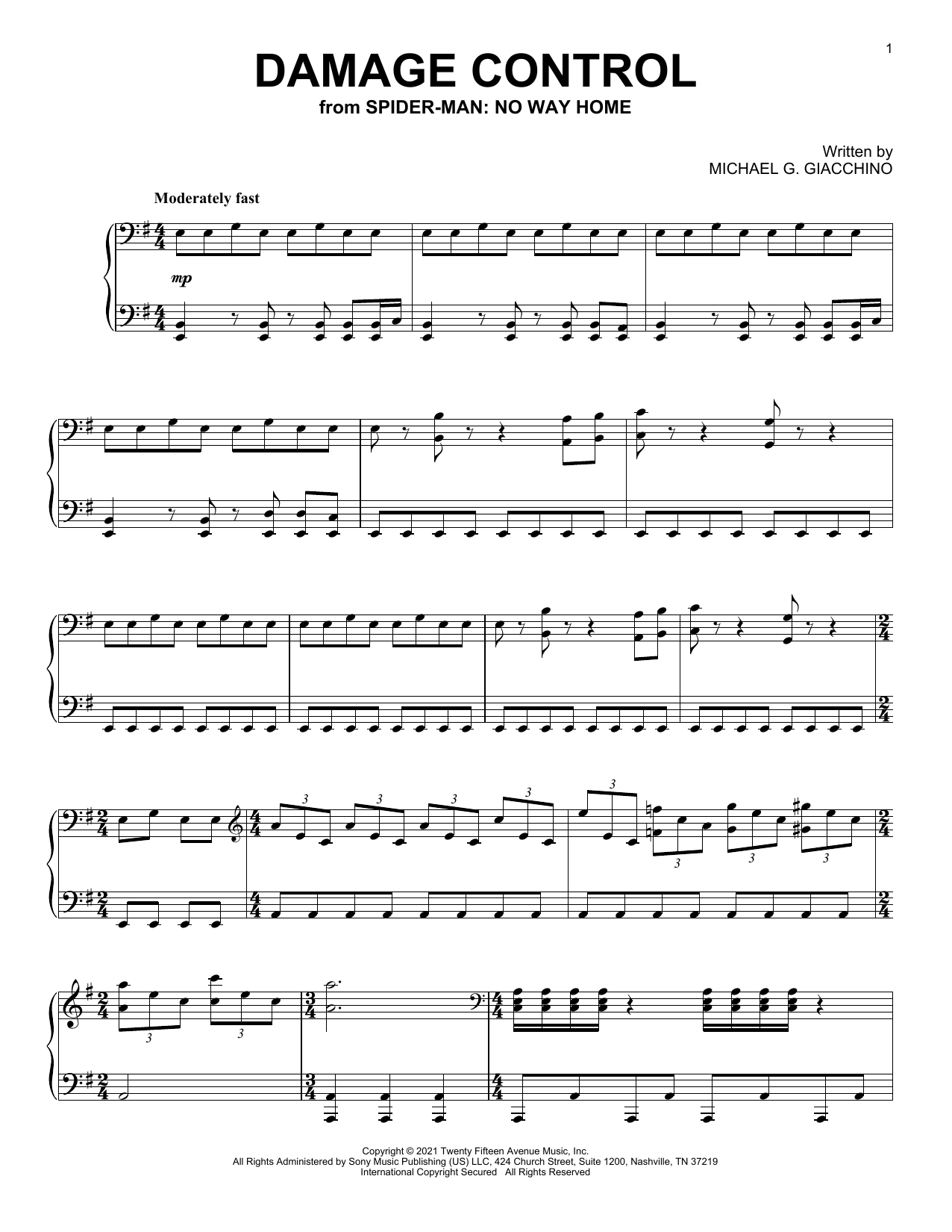 Download Michael Giacchino Damage Control (from Spider-Man: No Way Home) Sheet Music and learn how to play Piano Solo PDF digital score in minutes