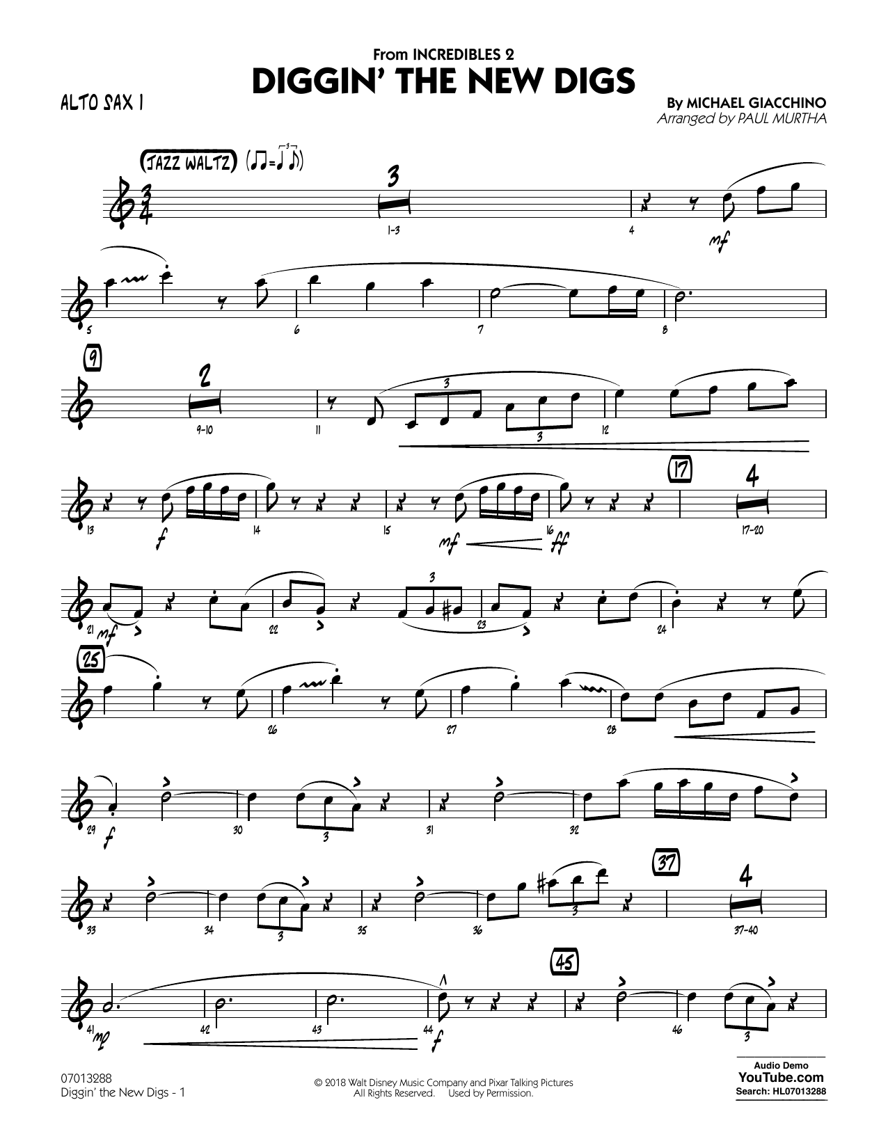 Download Michael Giacchino Diggin' the New Digs (from Incredibles 2) (arr. Paul Murtha) - Alto Sax 1 Sheet Music and learn how to play Jazz Ensemble PDF digital score in minutes