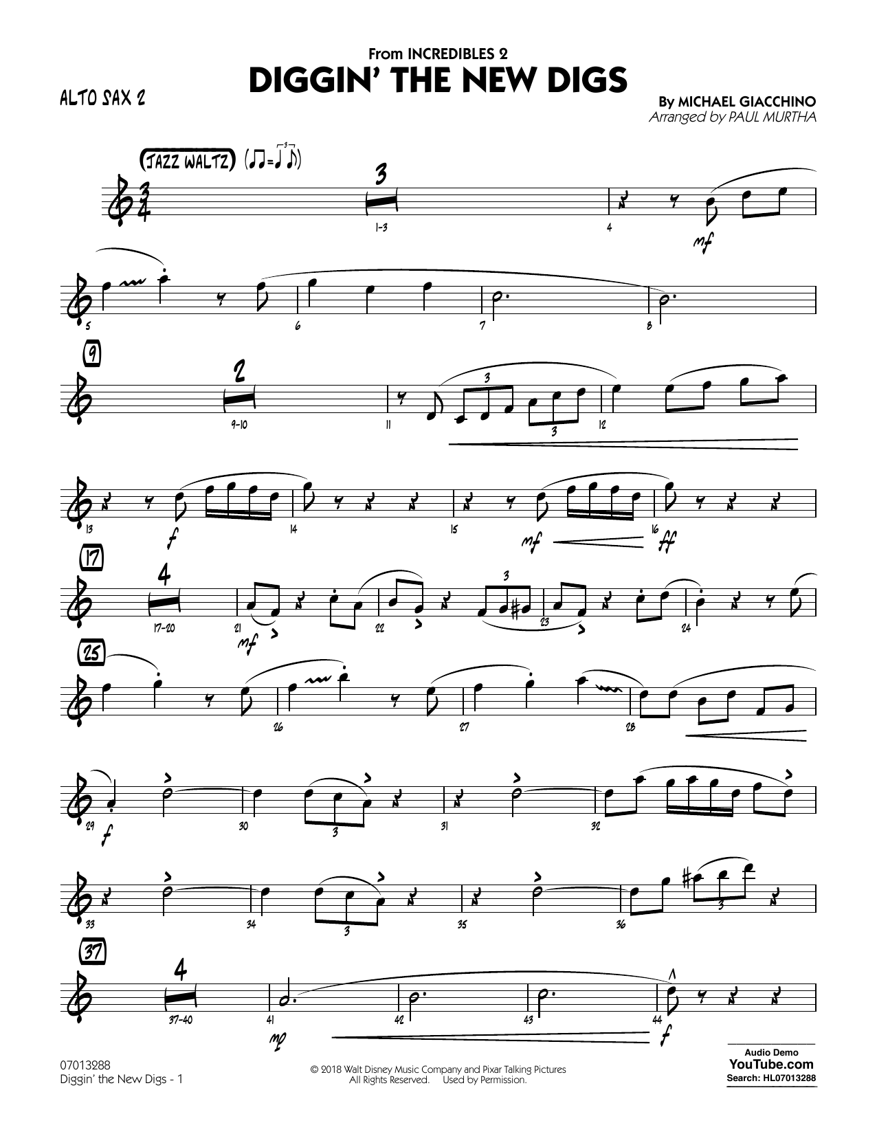Download Michael Giacchino Diggin' the New Digs (from Incredibles 2) (arr. Paul Murtha) - Alto Sax 2 Sheet Music and learn how to play Jazz Ensemble PDF digital score in minutes
