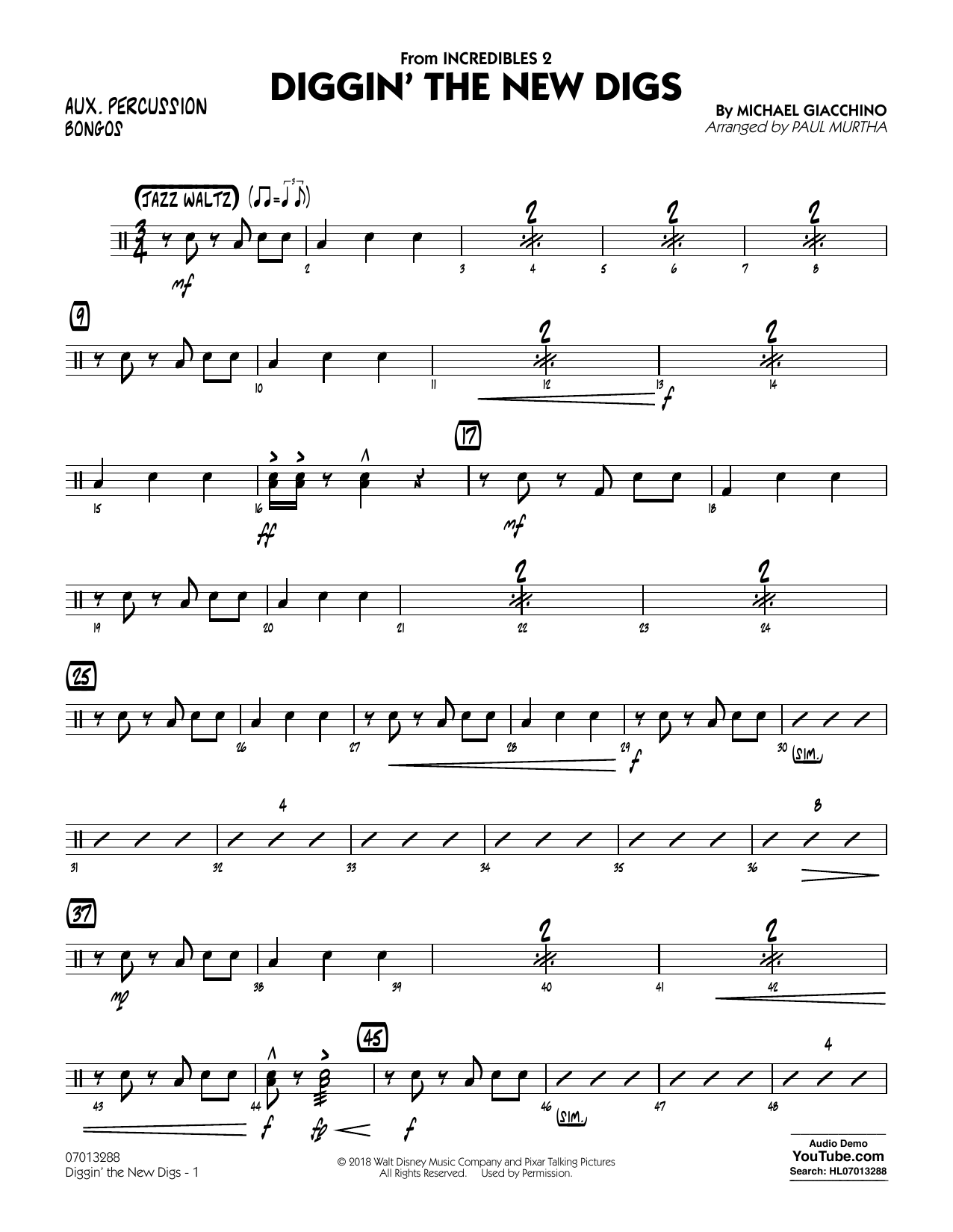 Download Michael Giacchino Diggin' the New Digs (from Incredibles 2) (arr. Paul Murtha) - Aux Percussion Sheet Music and learn how to play Jazz Ensemble PDF digital score in minutes