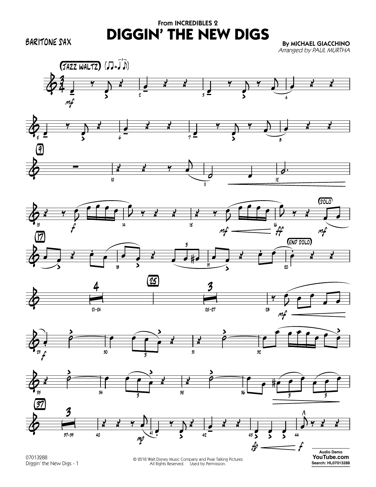 Download Michael Giacchino Diggin' the New Digs (from Incredibles 2) (arr. Paul Murtha) - Baritone Sax Sheet Music and learn how to play Jazz Ensemble PDF digital score in minutes