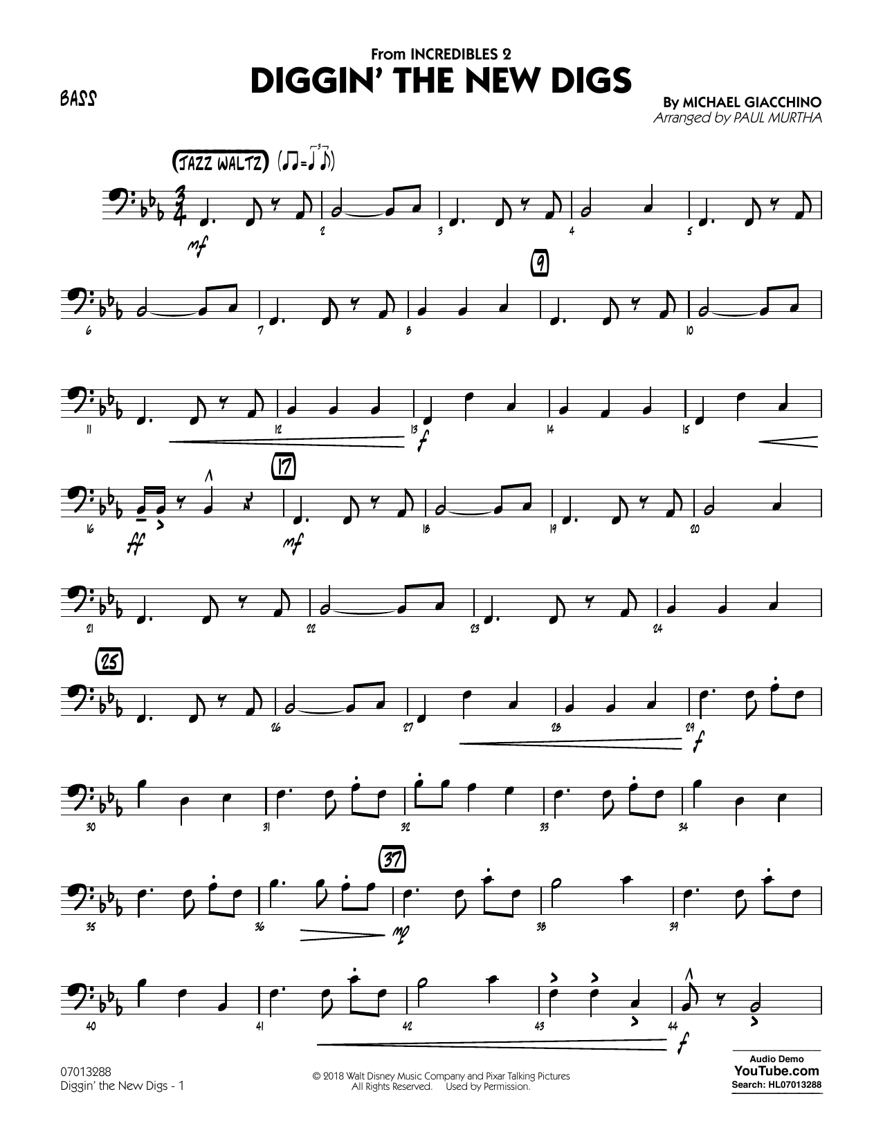 Download Michael Giacchino Diggin' the New Digs (from Incredibles 2) (arr. Paul Murtha) - Bass Sheet Music and learn how to play Jazz Ensemble PDF digital score in minutes
