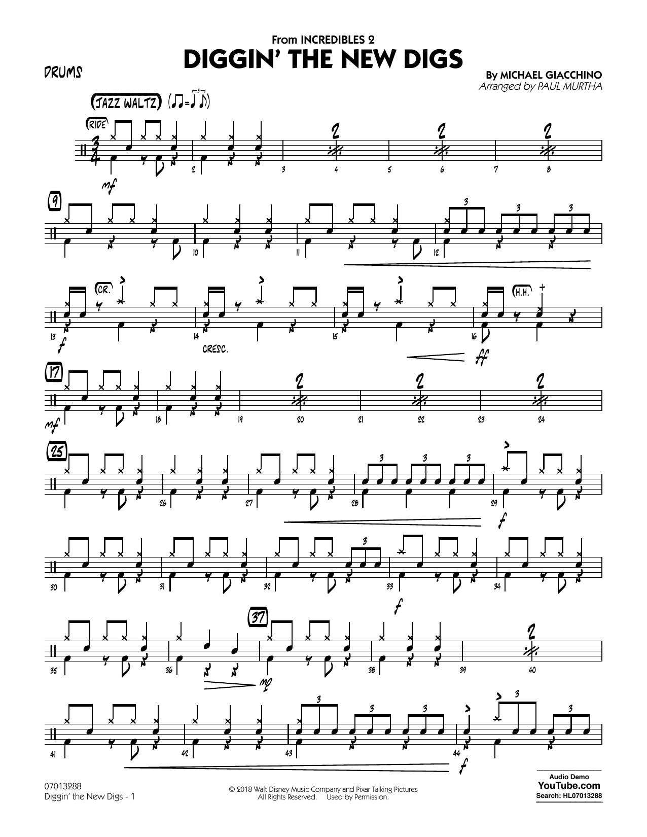 Download Michael Giacchino Diggin' the New Digs (from Incredibles 2) (arr. Paul Murtha) - Drums Sheet Music and learn how to play Jazz Ensemble PDF digital score in minutes