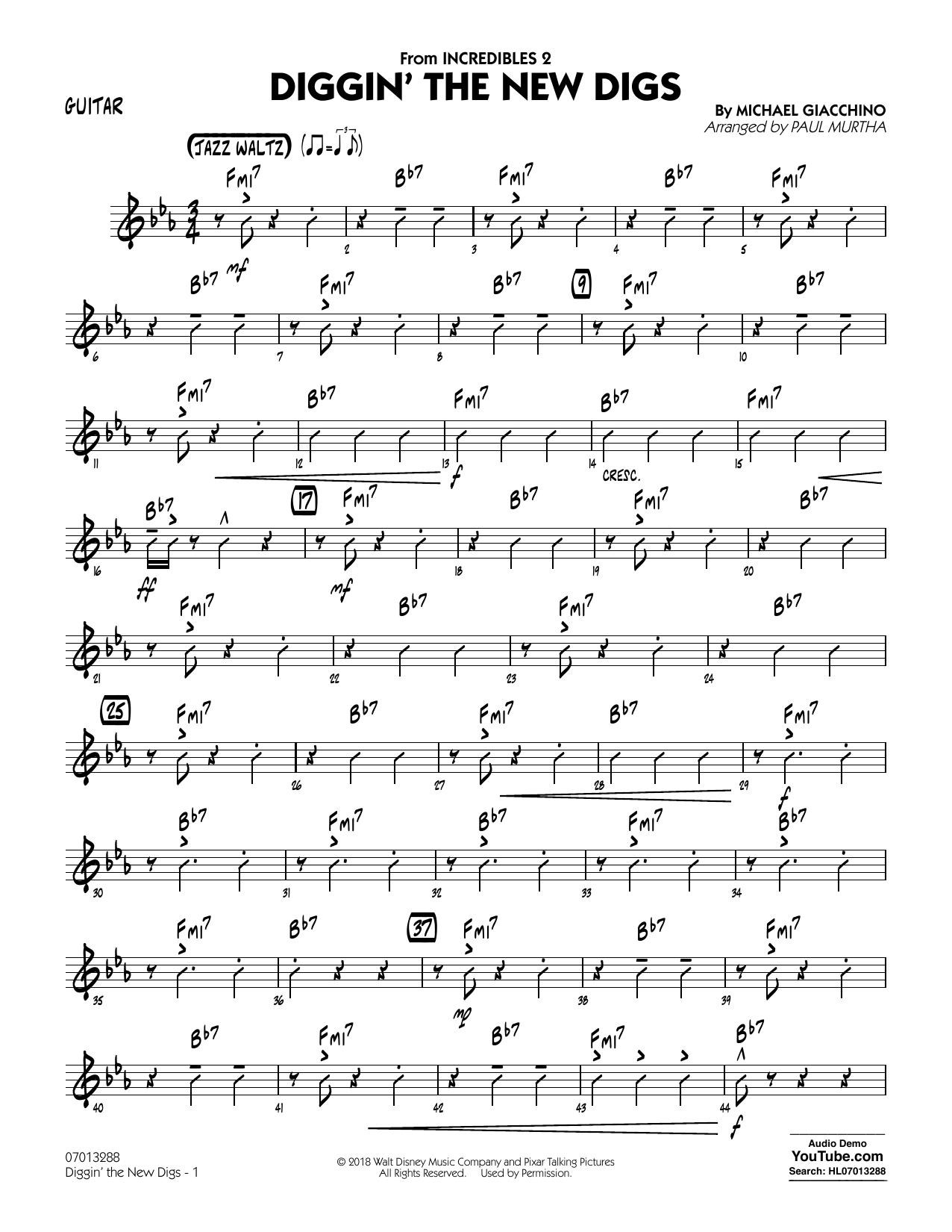 Download Michael Giacchino Diggin' the New Digs (from Incredibles 2) (arr. Paul Murtha) - Guitar Sheet Music and learn how to play Jazz Ensemble PDF digital score in minutes