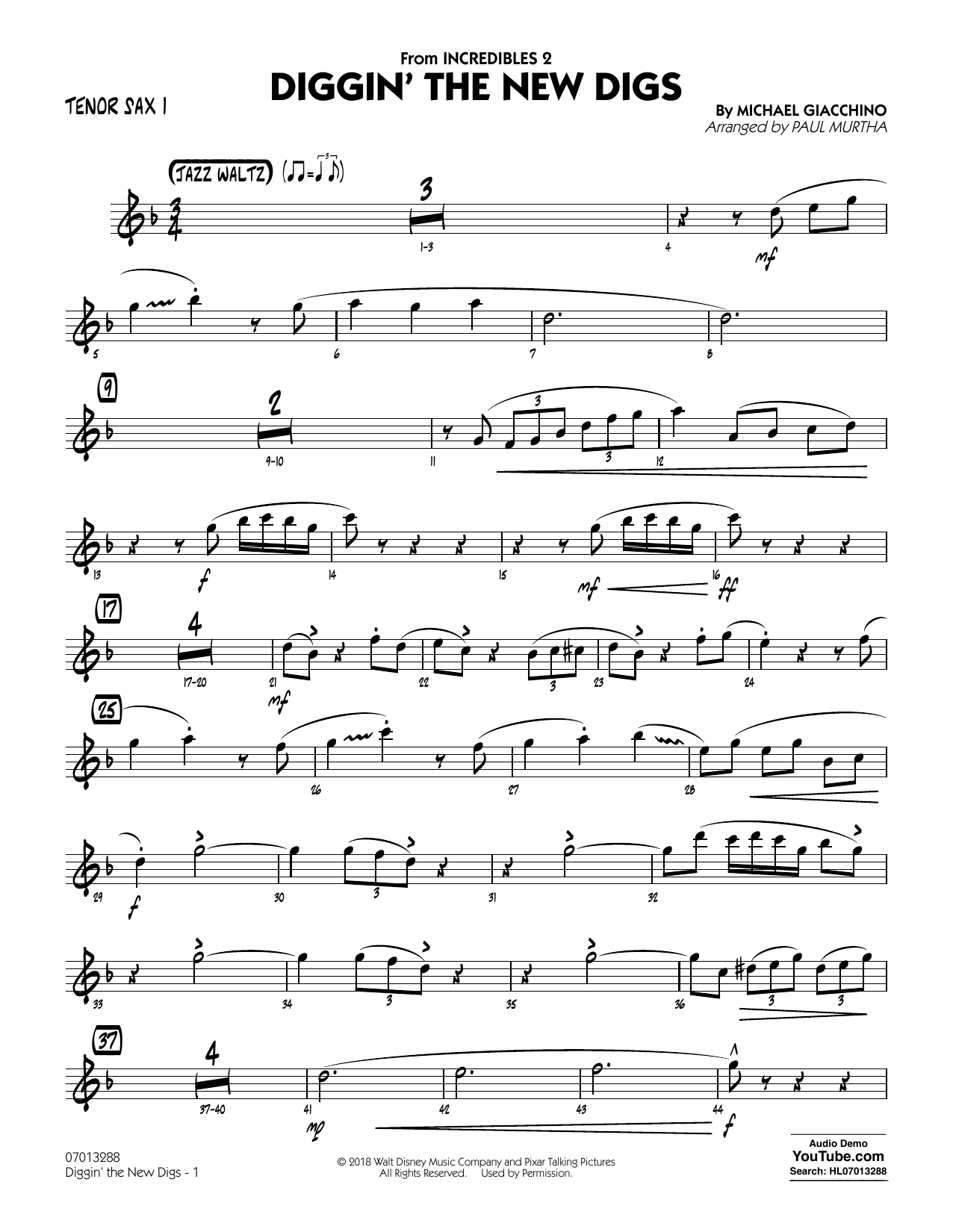 Download Michael Giacchino Diggin' the New Digs (from Incredibles 2) (arr. Paul Murtha) - Tenor Sax 1 Sheet Music and learn how to play Jazz Ensemble PDF digital score in minutes