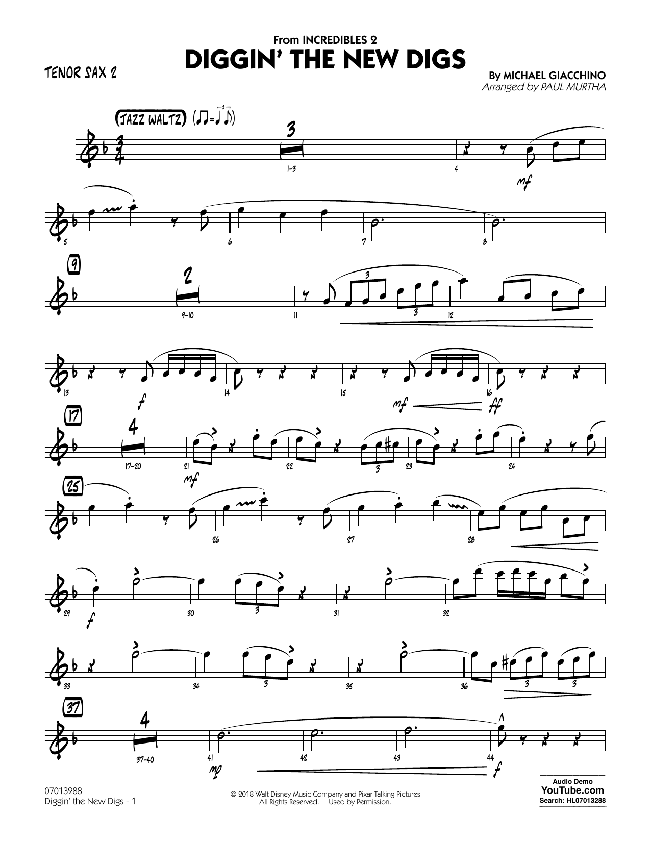 Download Michael Giacchino Diggin' the New Digs (from Incredibles 2) (arr. Paul Murtha) - Tenor Sax 2 Sheet Music and learn how to play Jazz Ensemble PDF digital score in minutes
