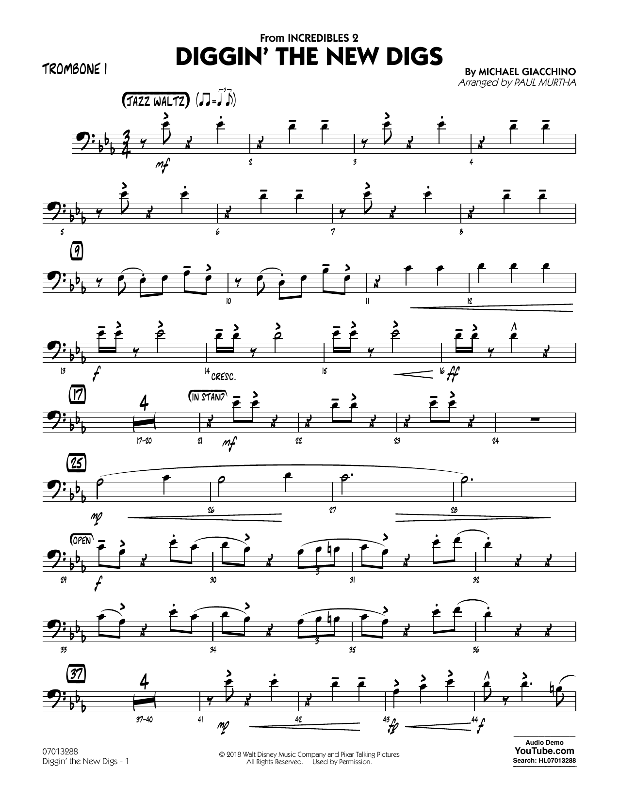 Download Michael Giacchino Diggin' the New Digs (from Incredibles 2) (arr. Paul Murtha) - Trombone 1 Sheet Music and learn how to play Jazz Ensemble PDF digital score in minutes