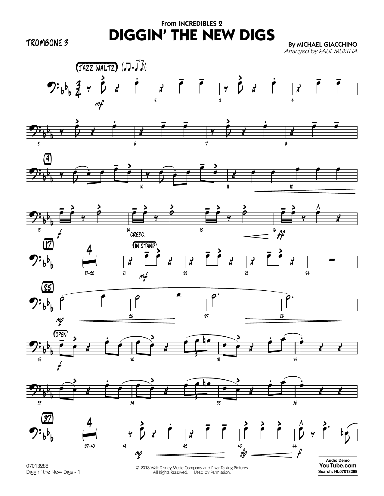 Download Michael Giacchino Diggin' the New Digs (from Incredibles 2) (arr. Paul Murtha) - Trombone 3 Sheet Music and learn how to play Jazz Ensemble PDF digital score in minutes