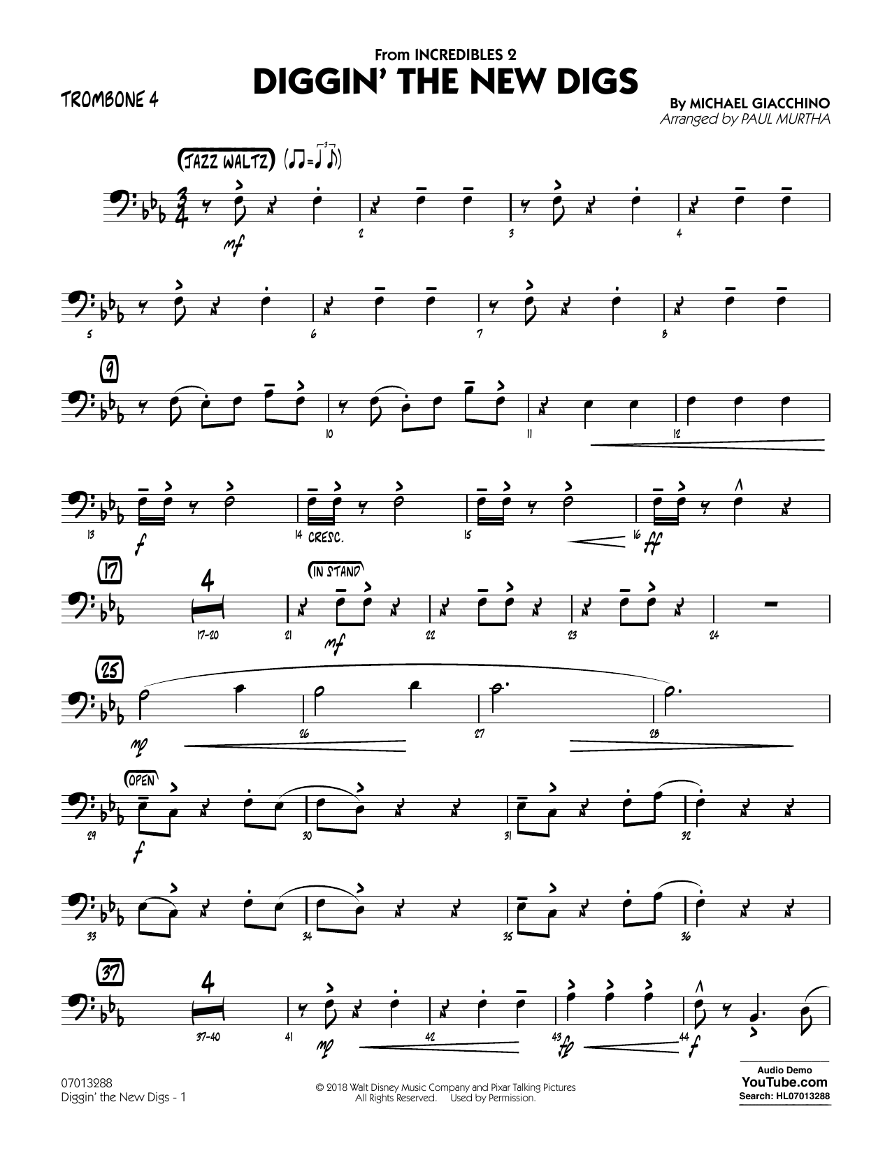 Download Michael Giacchino Diggin' the New Digs (from Incredibles 2) (arr. Paul Murtha) - Trombone 4 Sheet Music and learn how to play Jazz Ensemble PDF digital score in minutes
