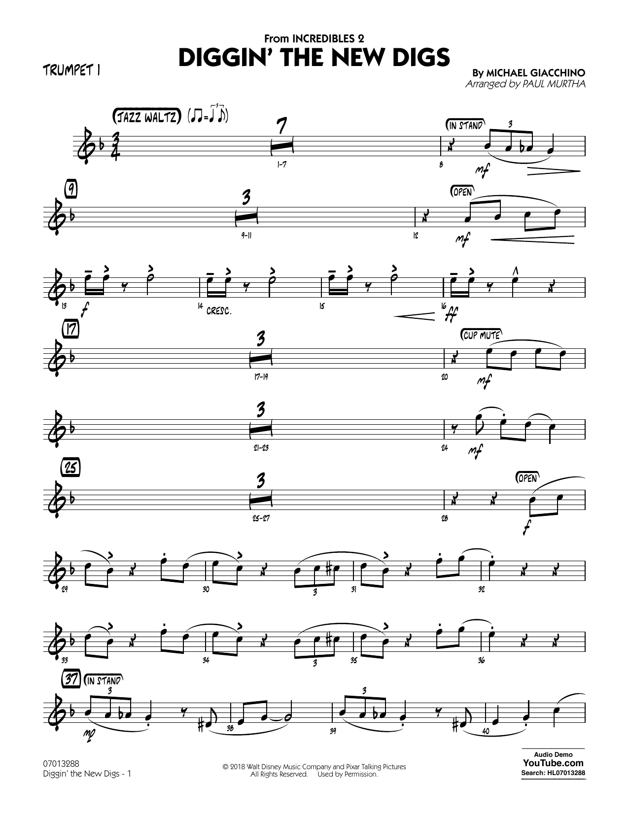 Download Michael Giacchino Diggin' the New Digs (from Incredibles 2) (arr. Paul Murtha) - Trumpet 1 Sheet Music and learn how to play Jazz Ensemble PDF digital score in minutes