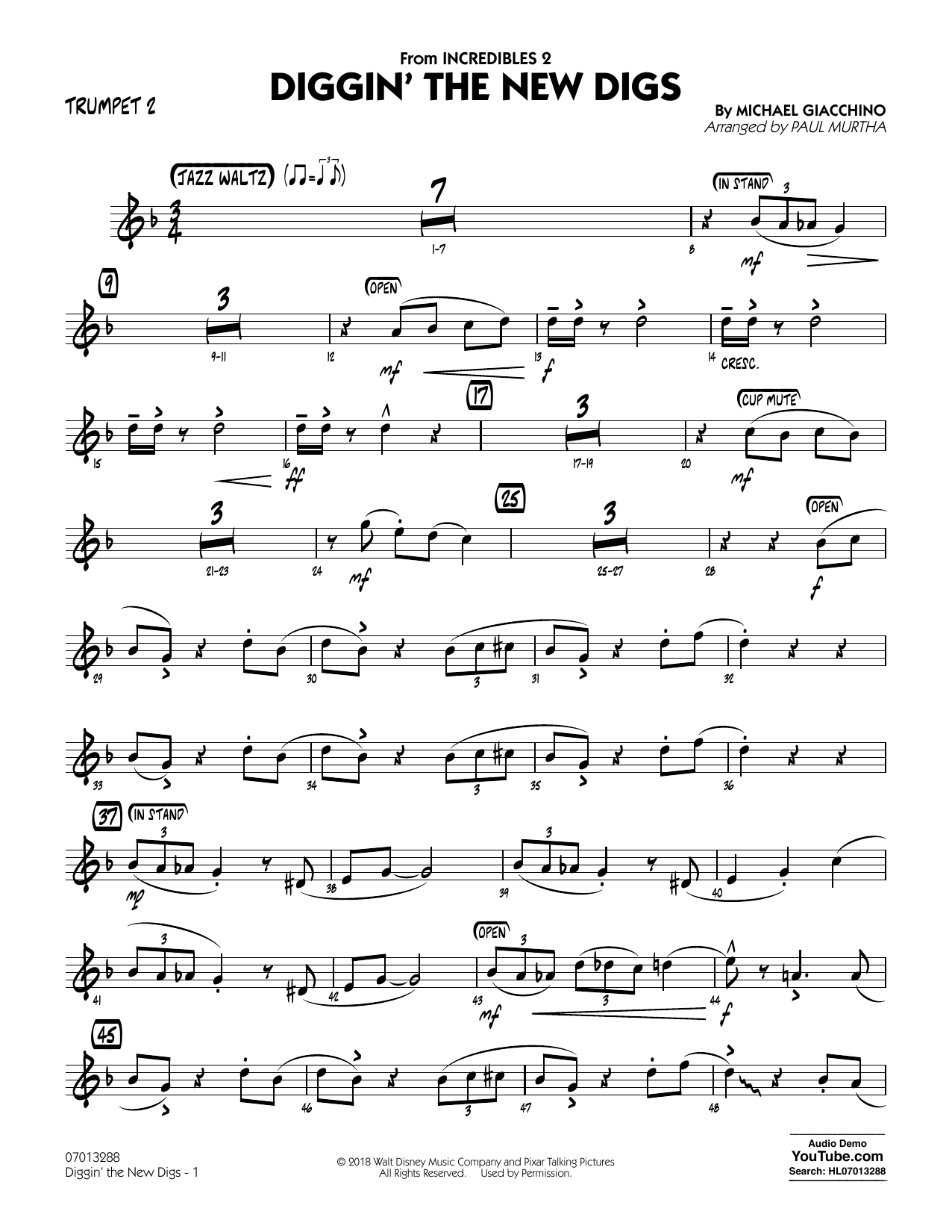 Download Michael Giacchino Diggin' the New Digs (from Incredibles 2) (arr. Paul Murtha) - Trumpet 2 Sheet Music and learn how to play Jazz Ensemble PDF digital score in minutes