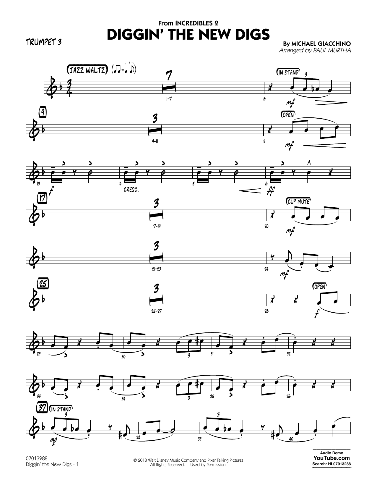 Download Michael Giacchino Diggin' the New Digs (from Incredibles 2) (arr. Paul Murtha) - Trumpet 3 Sheet Music and learn how to play Jazz Ensemble PDF digital score in minutes