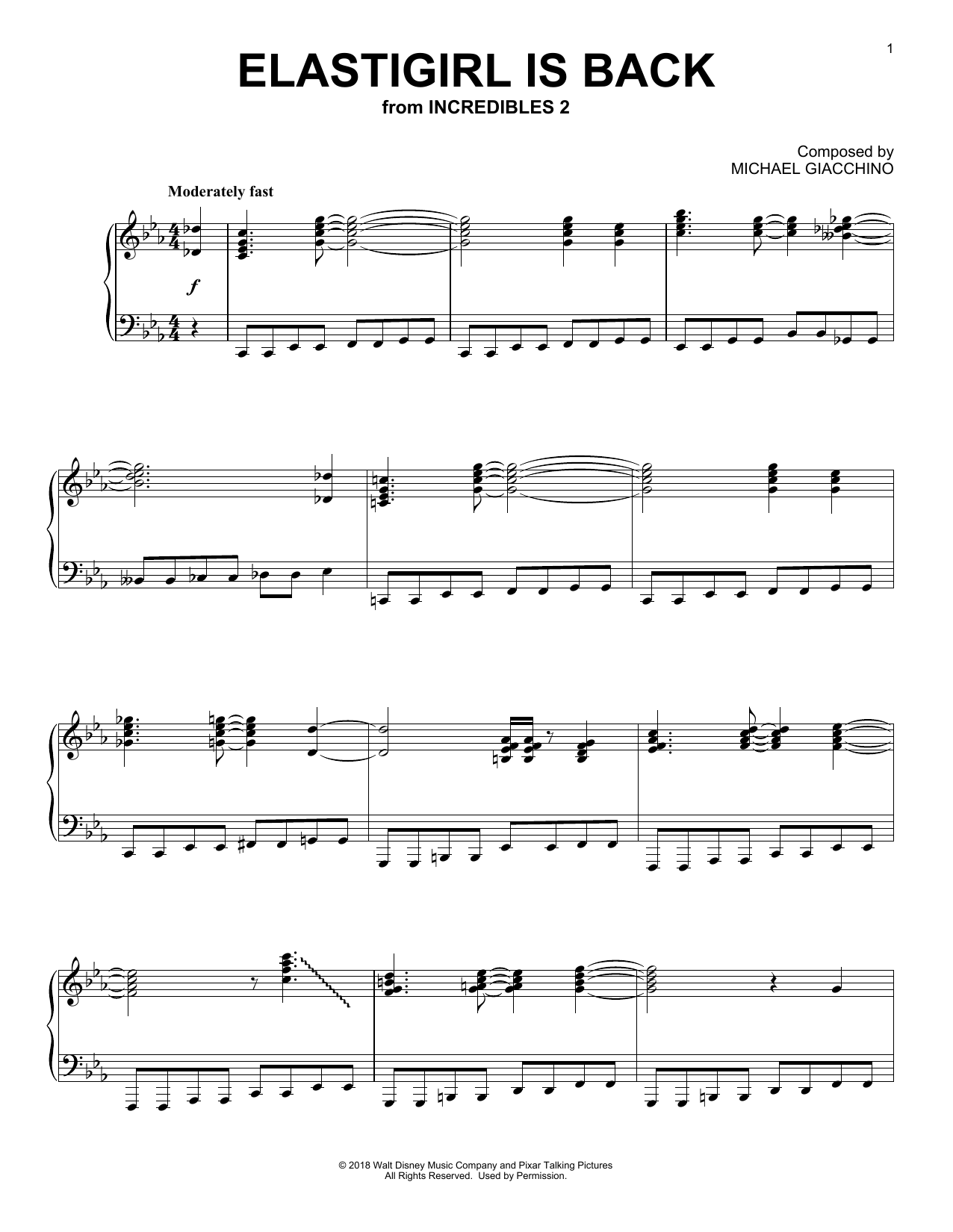 Download Michael Giacchino Elastigirl Is Back (from Incredibles 2) Sheet Music and learn how to play Big Note Piano PDF digital score in minutes