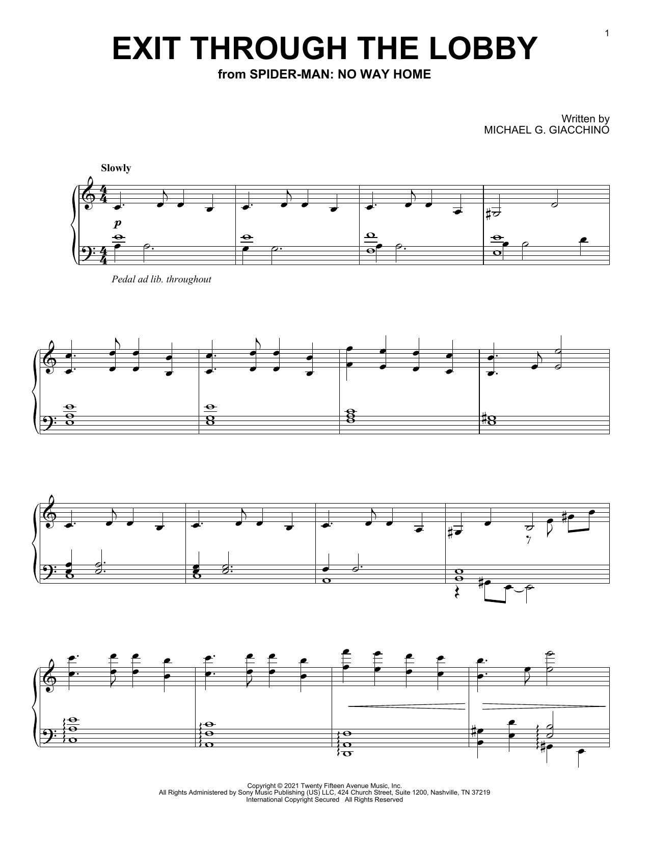 Download Michael Giacchino Exit Through The Lobby (from Spider-Man: No Way Home) Sheet Music and learn how to play Piano Solo PDF digital score in minutes