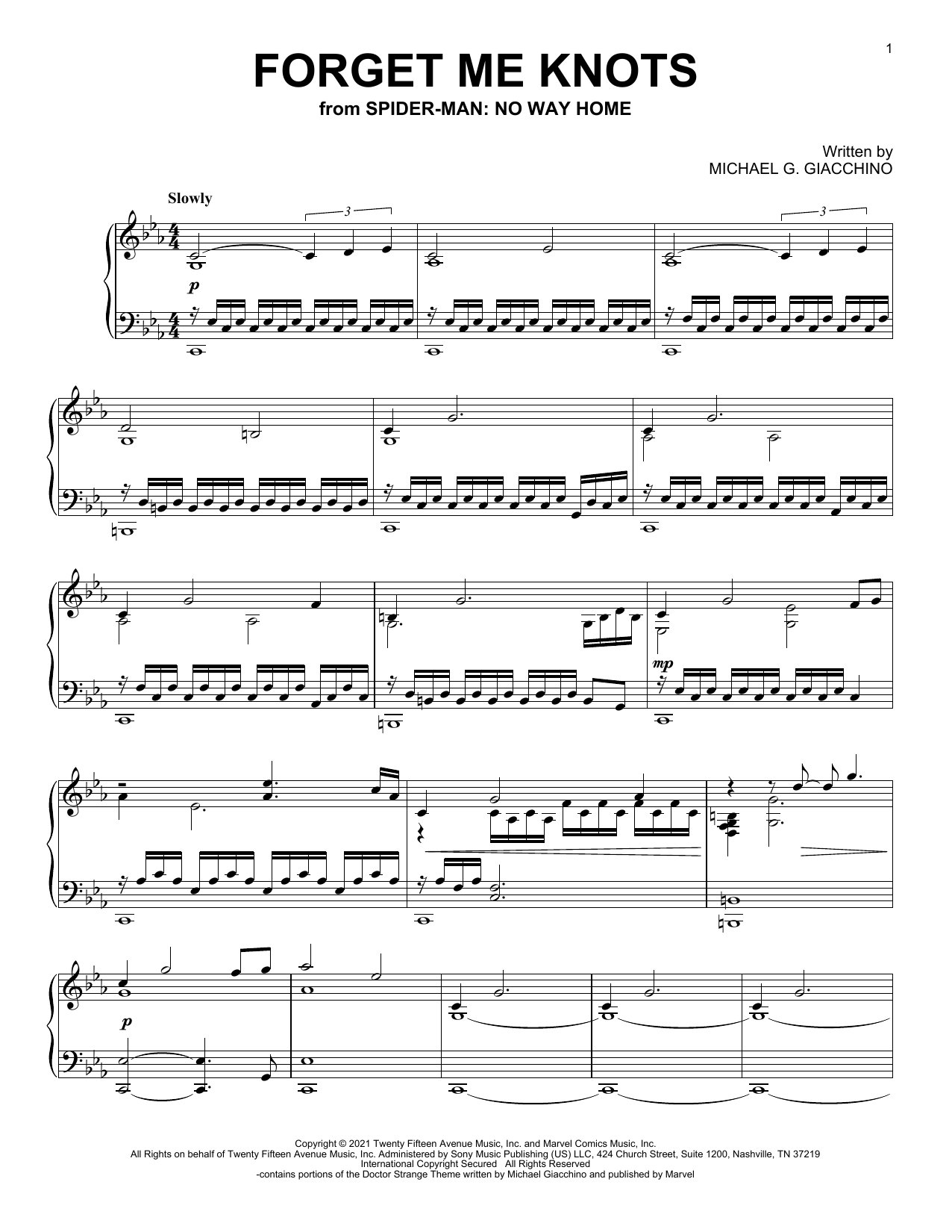 Download Michael Giacchino Forget Me Knots (from Spider-Man: No Way Home) Sheet Music and learn how to play Piano Solo PDF digital score in minutes