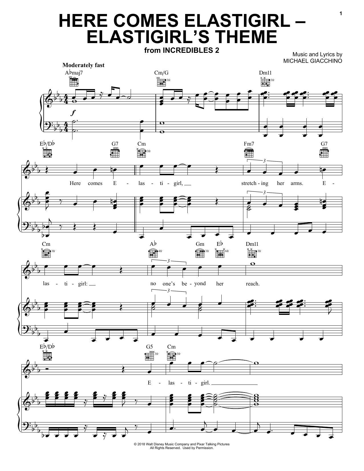 Download Michael Giacchino Here Comes Elastigirl - Elastigirl's Theme (from Incredibles 2) Sheet Music and learn how to play Piano, Vocal & Guitar Chords (Right-Hand Melody) PDF digital score in minutes