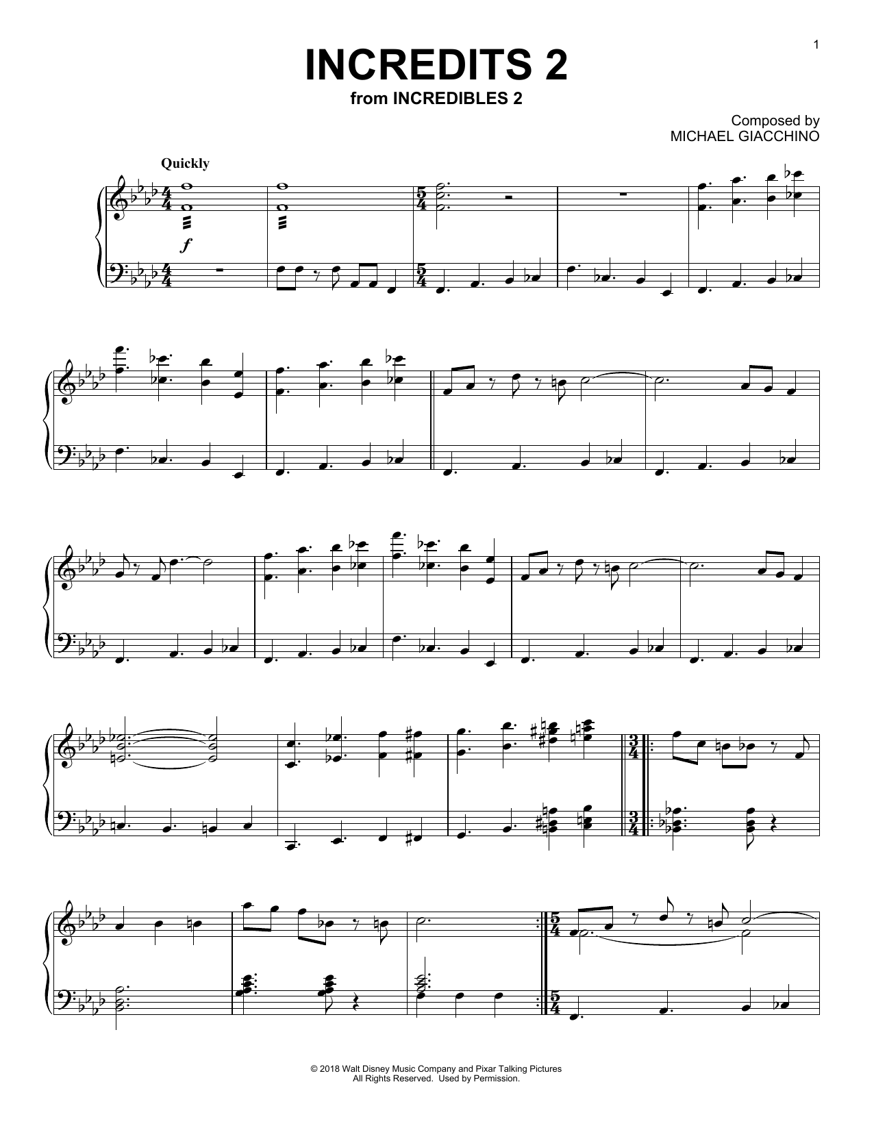 Download Michael Giacchino Incredits 2 (from Incredibles 2) Sheet Music and learn how to play Piano Solo PDF digital score in minutes