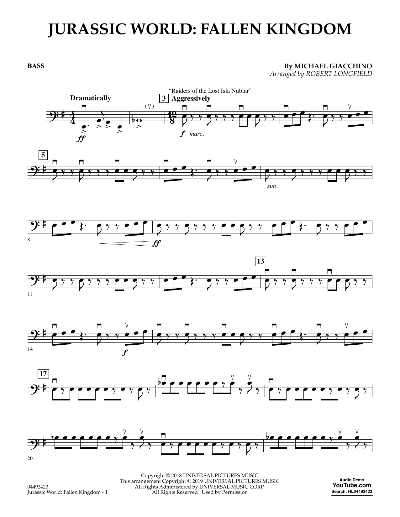 Download Michael Giacchino Jurassic World: Fallen Kingdom (arr. Robert Longfield) - Bass Sheet Music and learn how to play Orchestra PDF digital score in minutes