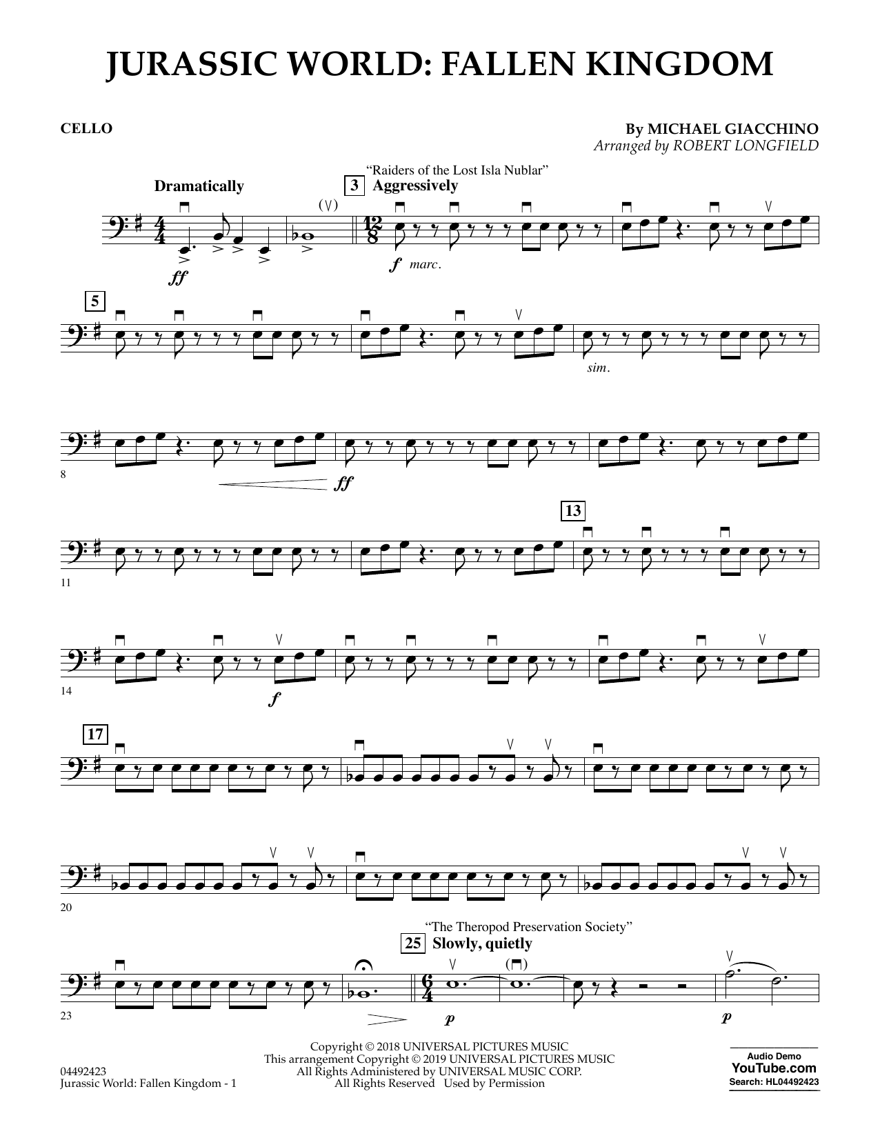 Download Michael Giacchino Jurassic World: Fallen Kingdom (arr. Robert Longfield) - Cello Sheet Music and learn how to play Orchestra PDF digital score in minutes