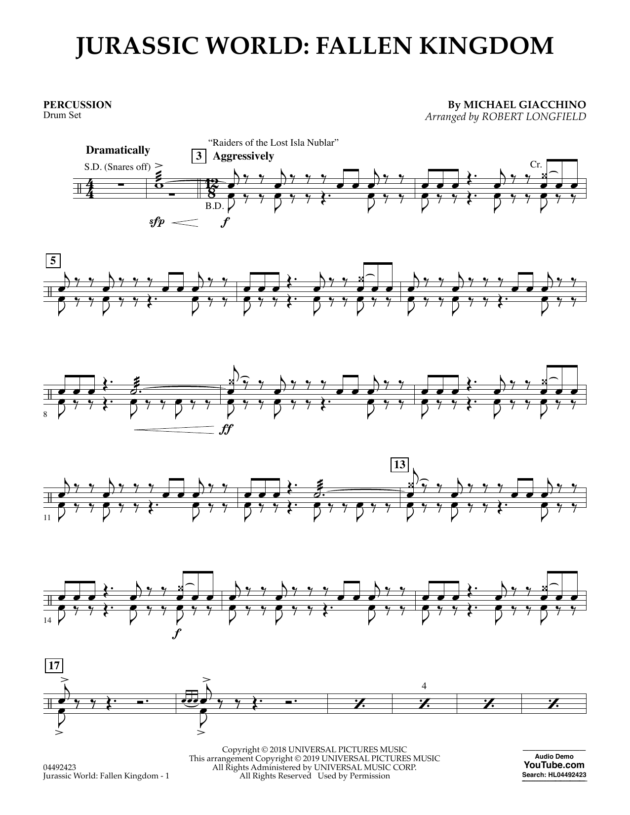 Download Michael Giacchino Jurassic World: Fallen Kingdom (arr. Robert Longfield) - Percussion Sheet Music and learn how to play Orchestra PDF digital score in minutes