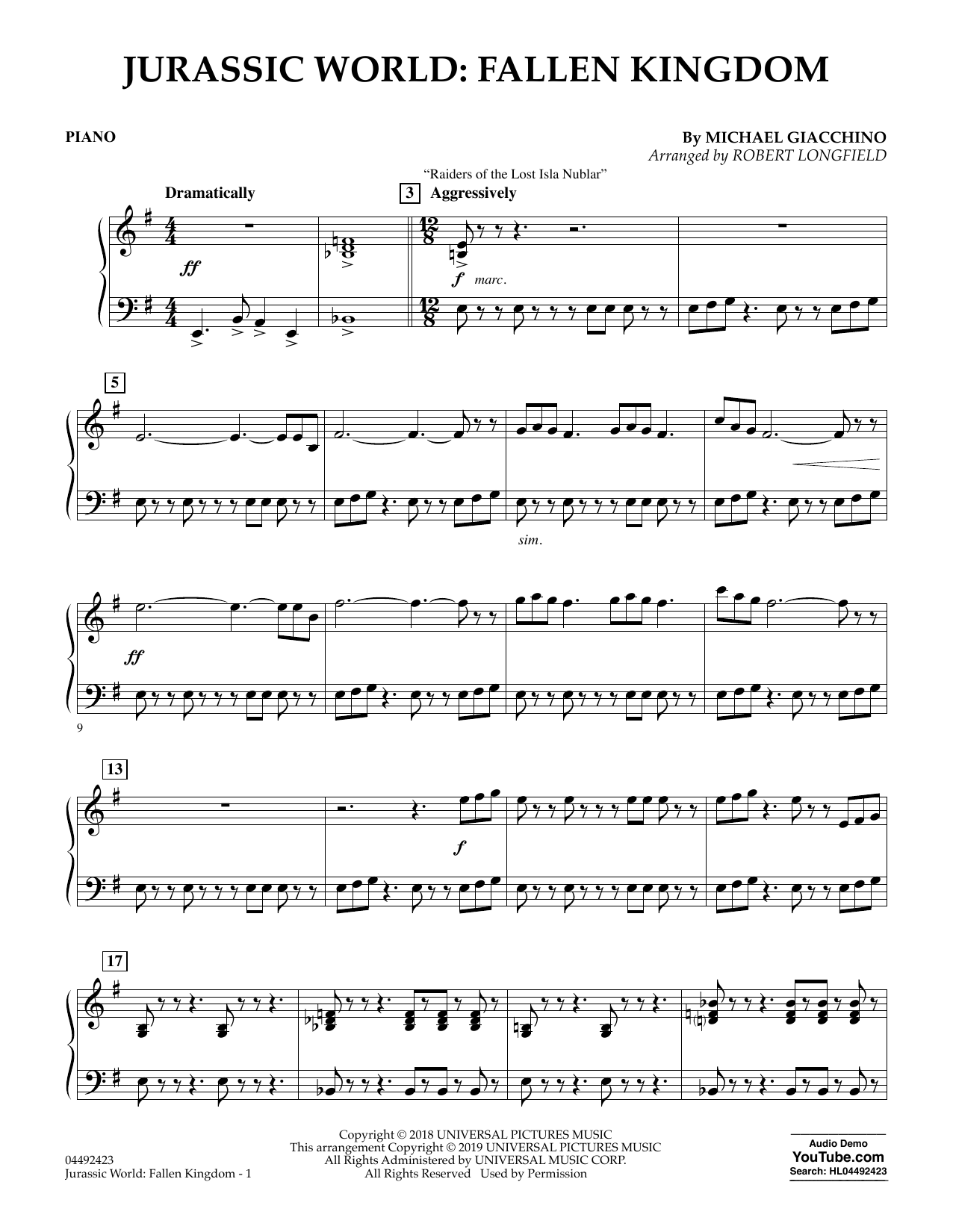 Download Michael Giacchino Jurassic World: Fallen Kingdom (arr. Robert Longfield) - Piano Sheet Music and learn how to play Orchestra PDF digital score in minutes