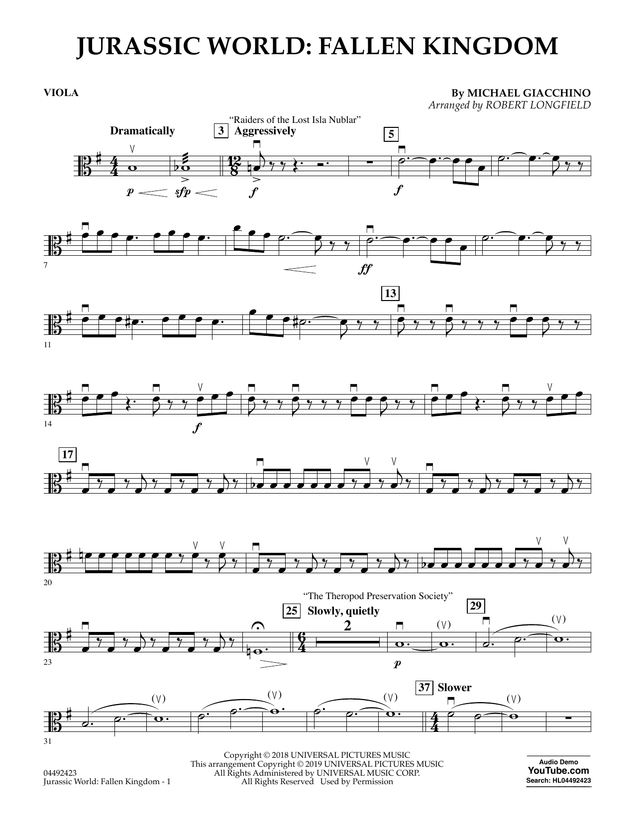 Download Michael Giacchino Jurassic World: Fallen Kingdom (arr. Robert Longfield) - Viola Sheet Music and learn how to play Orchestra PDF digital score in minutes