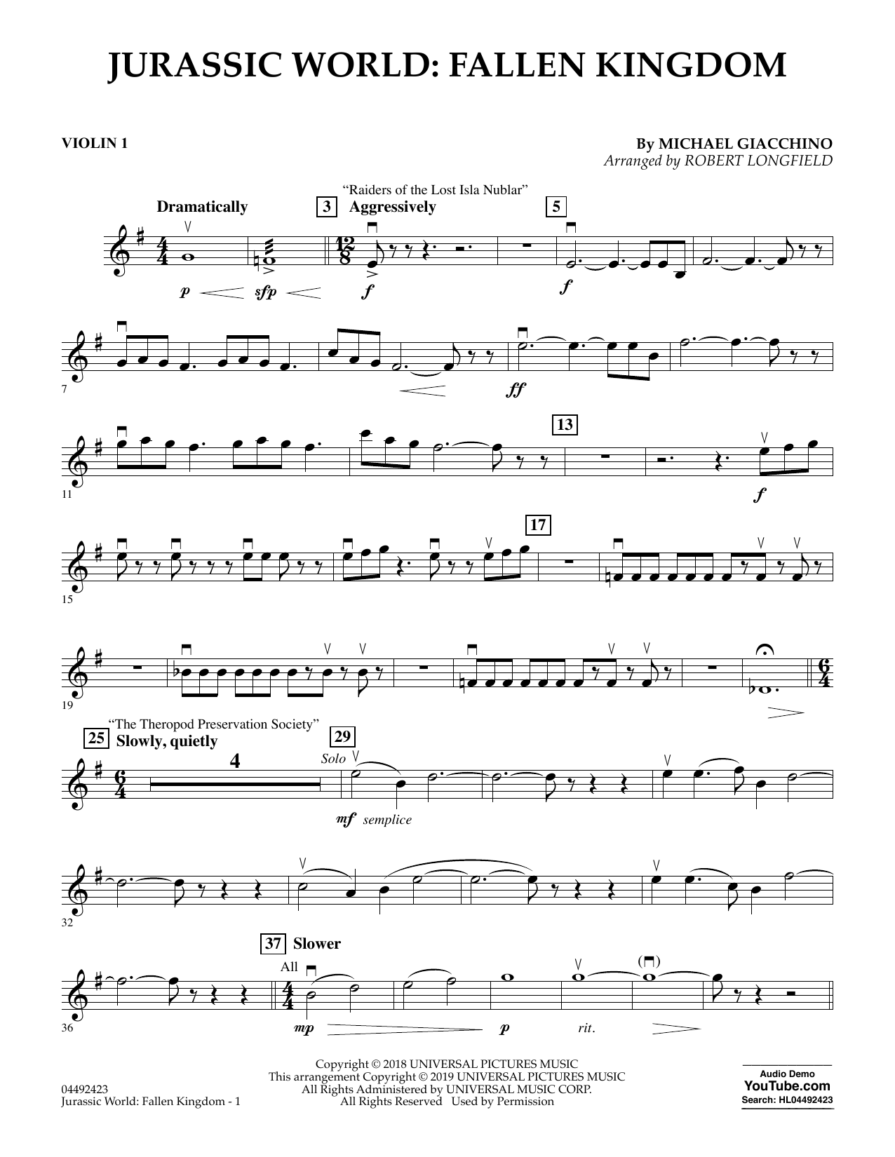 Download Michael Giacchino Jurassic World: Fallen Kingdom (arr. Robert Longfield) - Violin 1 Sheet Music and learn how to play Orchestra PDF digital score in minutes