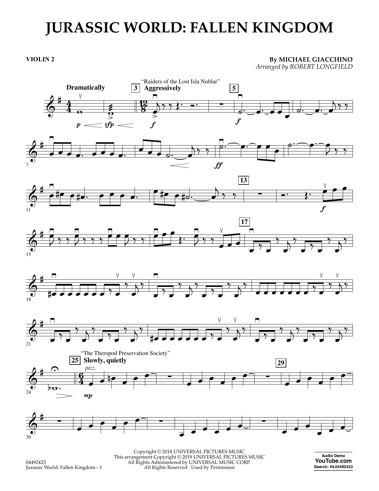 Download Michael Giacchino Jurassic World: Fallen Kingdom (arr. Robert Longfield) - Violin 2 Sheet Music and learn how to play Orchestra PDF digital score in minutes