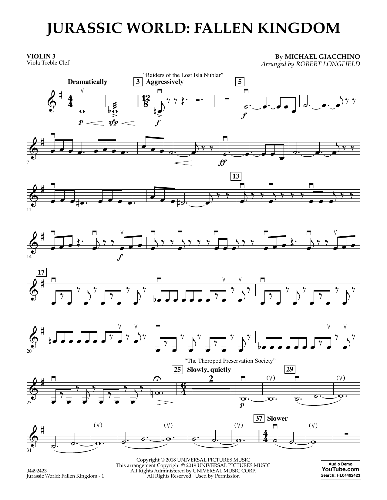 Download Michael Giacchino Jurassic World: Fallen Kingdom (arr. Robert Longfield) - Violin 3 (Viola Treble Sheet Music and learn how to play Orchestra PDF digital score in minutes