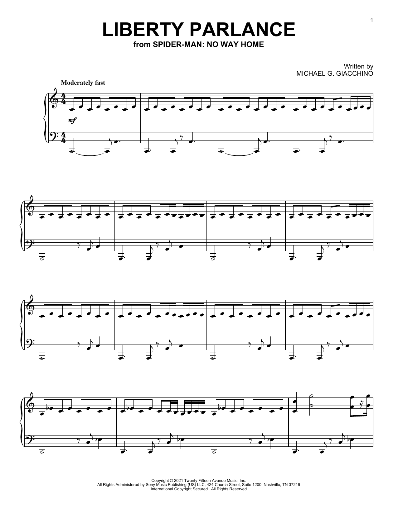 Download Michael Giacchino Liberty Parlance (from Spider-Man: No Way Home) Sheet Music and learn how to play Piano Solo PDF digital score in minutes