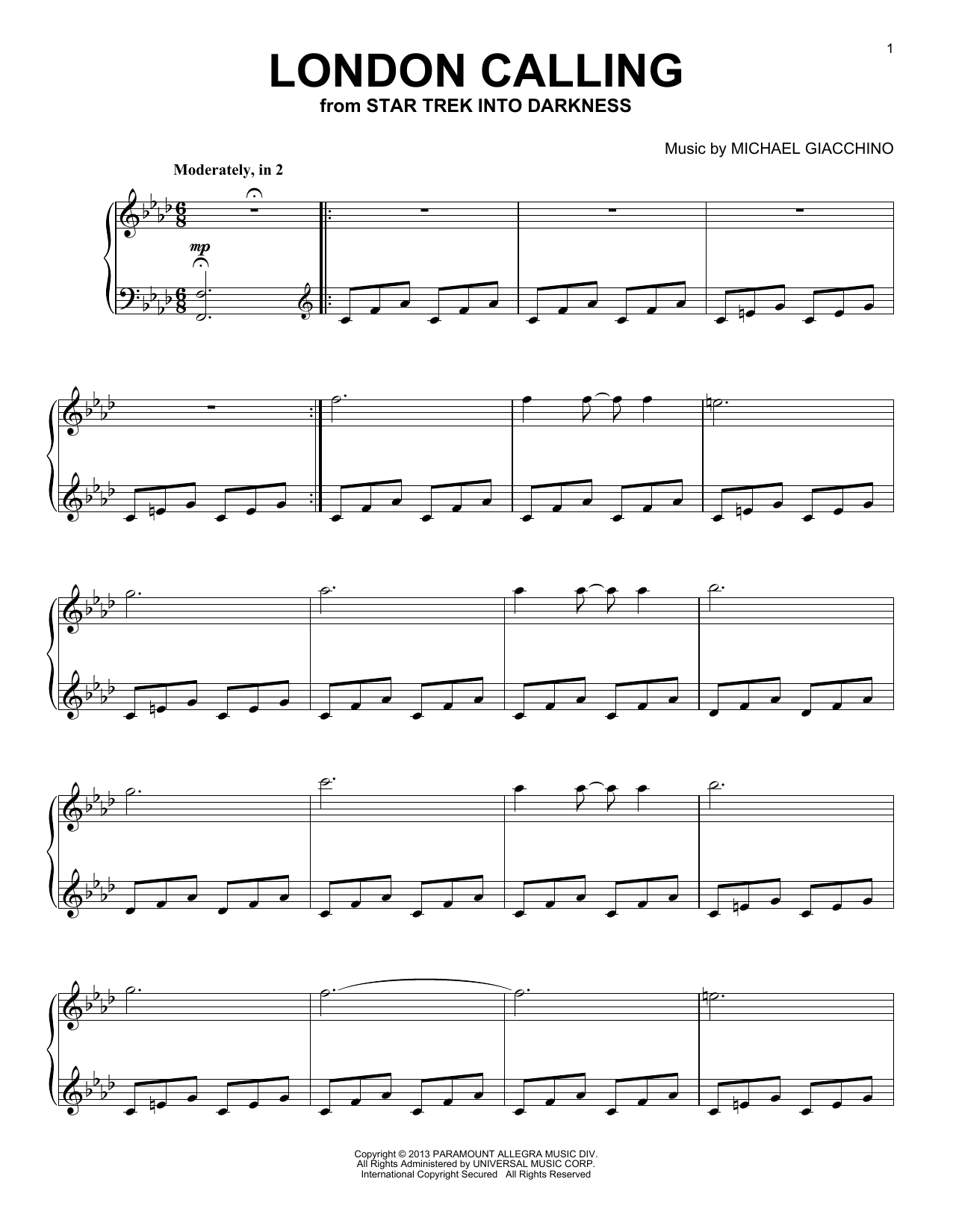 Download Michael Giacchino London Calling Sheet Music and learn how to play Piano PDF digital score in minutes