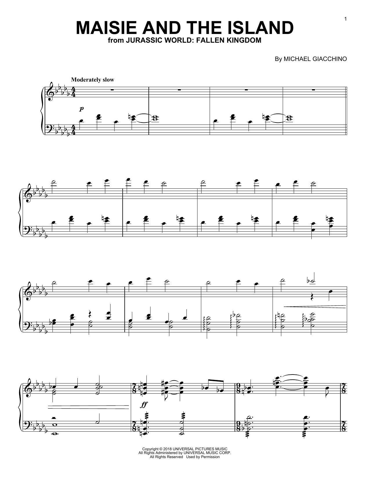 Download Michael Giacchino Maisie And The Island (from Jurassic World: Fallen Kingdom) Sheet Music and learn how to play Piano Solo PDF digital score in minutes