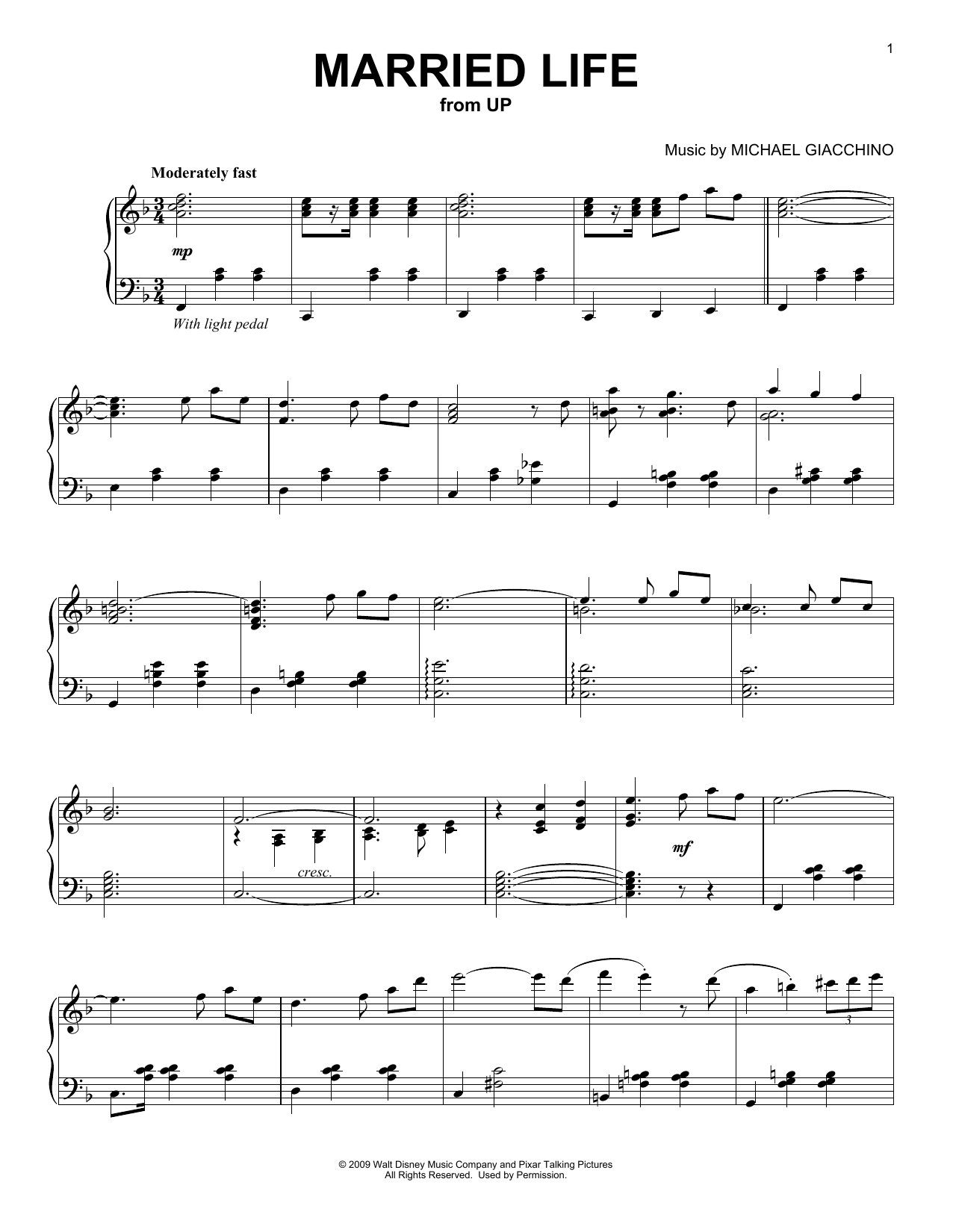 Download Michael Giacchino Married Life Sheet Music and learn how to play Piano PDF digital score in minutes