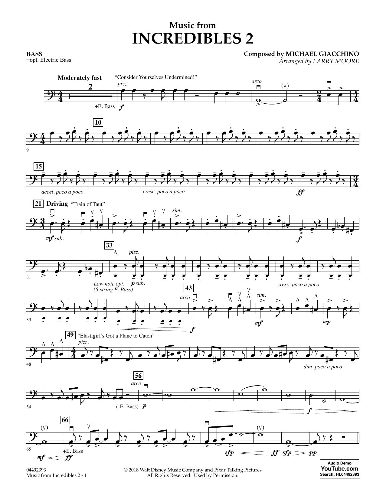 Download Michael Giacchino Music from Incredibles 2 (arr. Larry Moore) - Bass Sheet Music and learn how to play Orchestra PDF digital score in minutes
