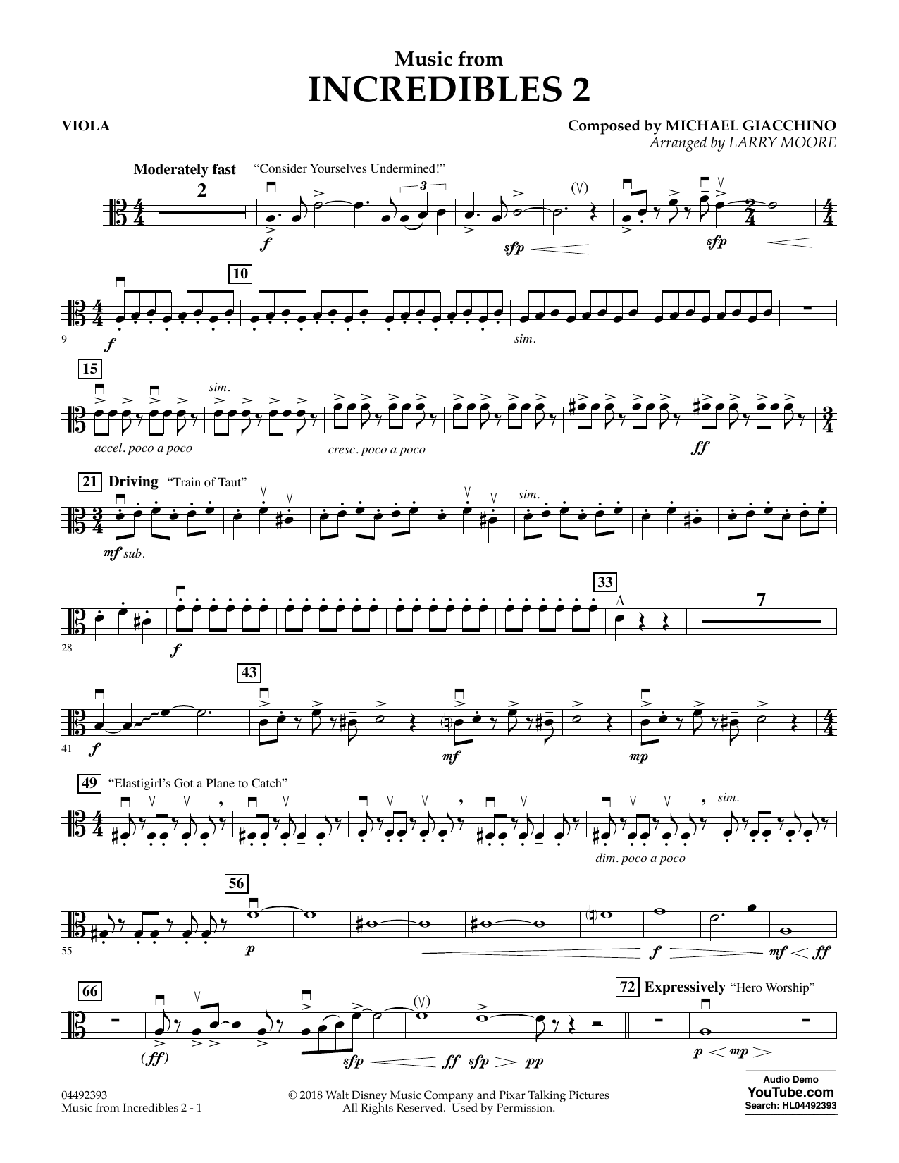 Download Michael Giacchino Music from Incredibles 2 (arr. Larry Moore) - Viola Sheet Music and learn how to play Orchestra PDF digital score in minutes
