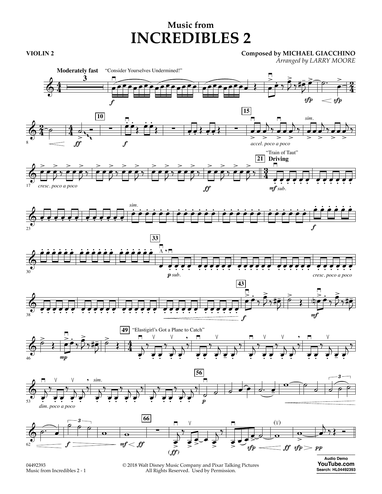 Download Michael Giacchino Music from Incredibles 2 (arr. Larry Moore) - Violin 2 Sheet Music and learn how to play Orchestra PDF digital score in minutes